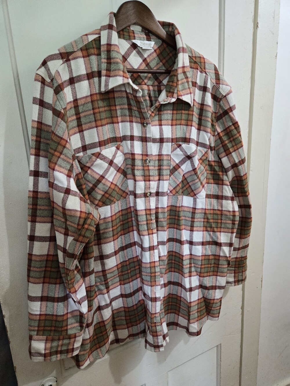 Woman's Natural Reflections-Plaid Flannel Shirt - Cream, Orange And Green 2x